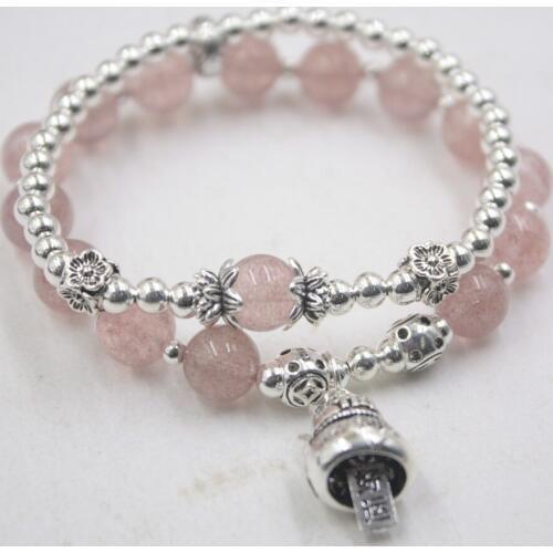 Real S925 Sterling Silver Bracelet Womans Strawberry Crystal Bead Cat Double Circle Bracelet Gift Fashion Friend Hot Sale