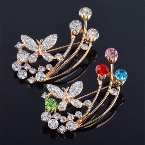 Luxury Elegant Rainbow Crystal Flower Cute Butterfly Brooches Gold Color Rhinestone Alloy Plant Animal Brooch Lady Party Pins
