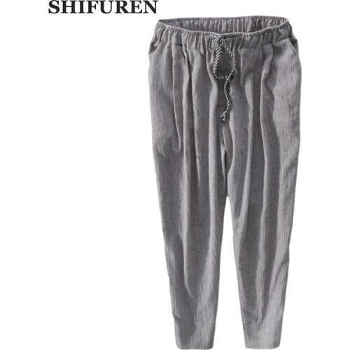 SHIFUREN Causal Linen Pants Men Elastic Waist Loose Fit Summer Breathable Pure Linen Pants Male Calf-Length Trousers