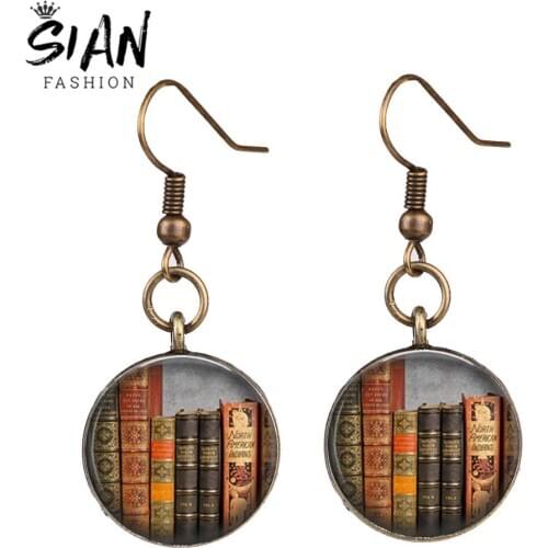 SIAN Old Vintage Books Photo Long Dangle Earrings Library Literature Book Live and Learn Glass Time Gem Earring for Women Girls