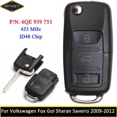 DIYKEY 6QE959753 for Volkswagen Fox Gol Sharan Saveiro NEW Flip Smart Full Remote Key Fob 3 Button 6QE 959 753 433MHz ID48 Chip