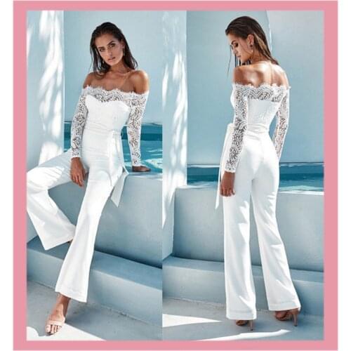 Sexy Romper White Lace Patchwork Slash Neck Butterfly Jumpsuit Flare Pants Skinny Bodycon Bodysuit Overalls For Womens Clothing