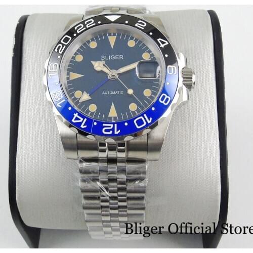 BLIGER GMT Model Sapphire Glass Business Style Ceramic Bezel Jubilee Strap Autoamtic Men Watch