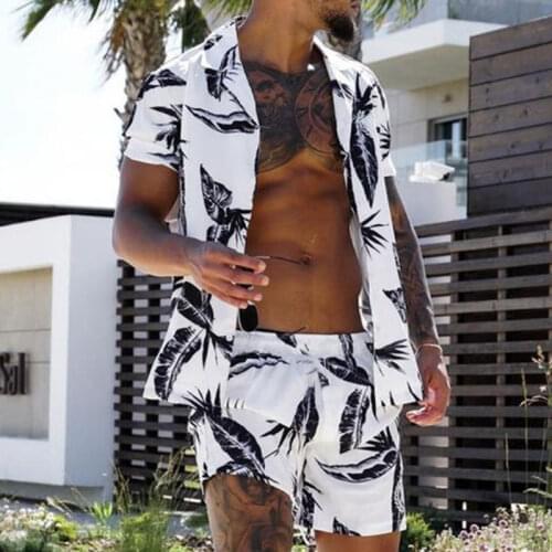 New Mens Hawaiian Print Lapel Short Sleeve Shirt Set Summer Mens Fashion Beach Print Quick-drying Shorts Set Two-piece S-3XL