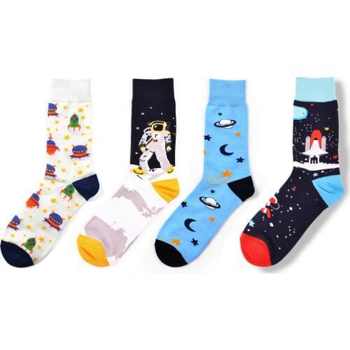 Men Socks Funny Cartoon Universe Astronaut Rocket Spacecraft Harajuku Cute Happy Hip Hop Fashion Street Skate Cotton Sock Autumn