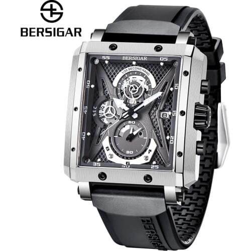 BERSIGAR Rectangular Wrist Mens Watch Chronograp Barrel Type Quartz Fashion Sports Style 100M Waterproof Silicone Strap