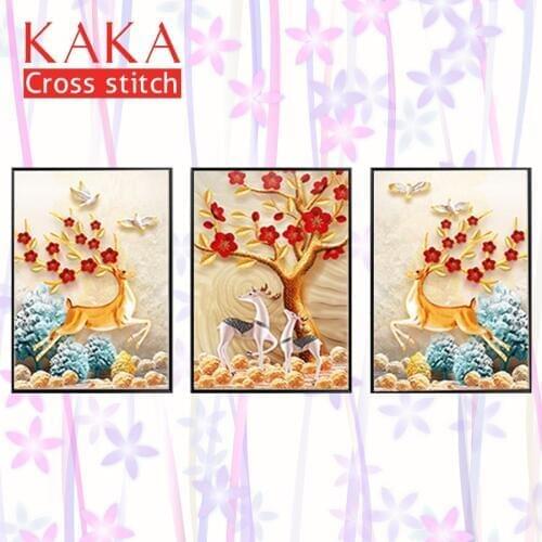 KAKA Cross stitch kits Embroidery needlework sets with printed pattern,11CT canvas,Home Decor for garden House,5D Trilogy Elks
