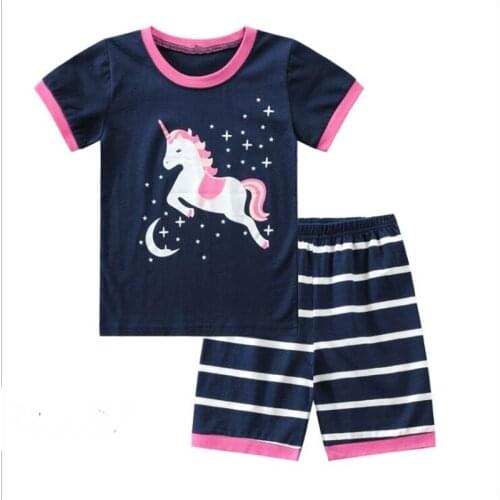 Kids Girls Pajamas Set Children Unicorn Summer Cotton Sleepwear Toddler Cartoon Pattern Short Sleeve Nightwear Clothes