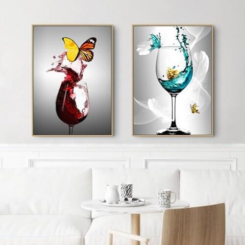 Poster Modern Canvas HD Printing Nordic Abstract Butterfly in Red Wine Glass Art Picture Living Room Home Decoration (Frameless)