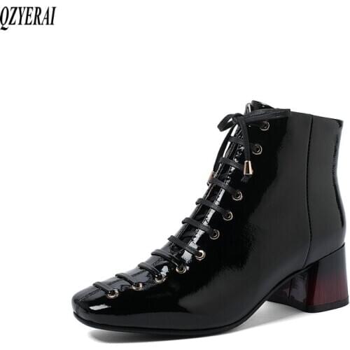 QZYERAI New winter 100% Genuine leather ankle Women boots Cross strap Female boots Women shoes cowhide Size 34-43