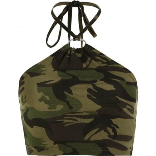 Sex Women Backless Camouflage Halter Hanging Neck Vest Strap Crop Top Sleeveless