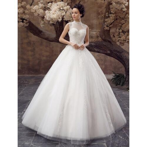 Wedding Dresses Ball Gown Bridal Dress Lace Applique Open Back High Collar Sequins Rhinestones Floor Length Bridal Dress