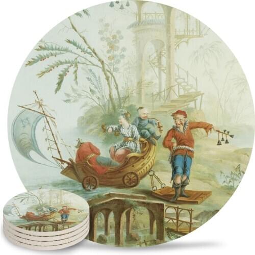 Light Green Red Chinoiserie Coasters Waterproof Placemats for Table Christmas Home Decor Coffee Table Decor Ceramic Coasters