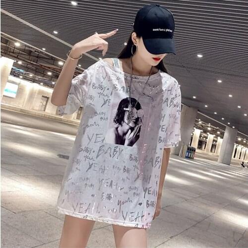 Summer Oversize Long T Shirt For Dress Women Diamond Hollow Out Tshirt Short Sleeve Tee Shirt Femme Girls Loose Off Shoulder Top