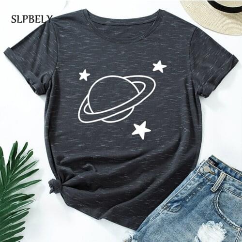 SLPBELY Women Cotton Short Sleeve T-shirt Summer Planet Printed Graphic Pattern O-neck Tops Tee Casual Girls Streetwear T Shirt