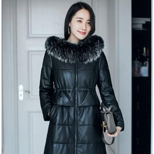 Jacket Women Winter Sheepskin Genuine Leather Raccoon Fur Collar Hooded Jackets Duck Down Coat Chaqueta Muje 7020 YY545