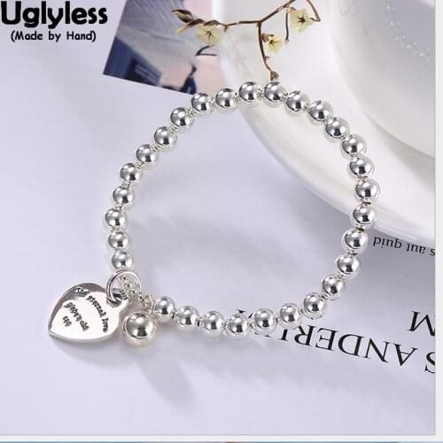 Uglyless 100% Real Solid 925 Sterling Silver Handmade Beading Bracelets for Women Elastic Rope Balls Bracelet Heart Charms Jewel