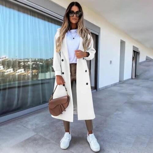 Autumn Winter Women Long Warm Slim Coat Long Sleeve Wool Solid Color Overcoat Elegant Fashion Double-breasted Loose Windbreaker