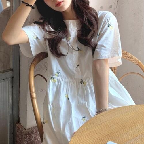 Woman Dress White Embroidery Floral Mid-Calf Cotton Clothing 2021 Summer Short Sleeve Loose Lined Cute Sweet Sundress 15164