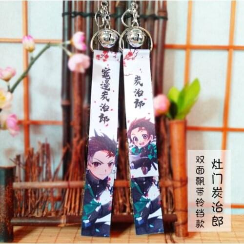 10 pcs/lot Anime Demon Slayer: Kimetsu no Yaiba Ribbon pendant toy with small bell key chains double side bag pendant gift