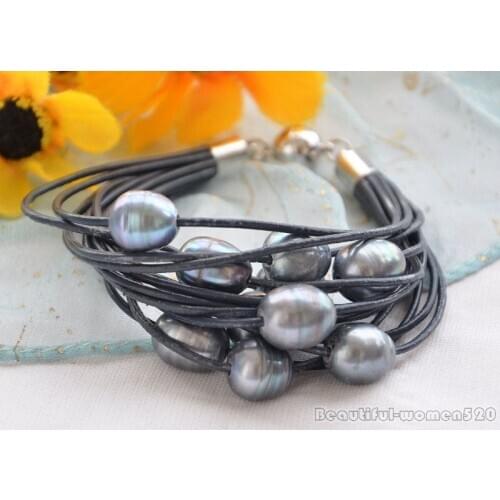 15strands 13mm peacock black rice Freshwater pearl black leather bracelet 8inch