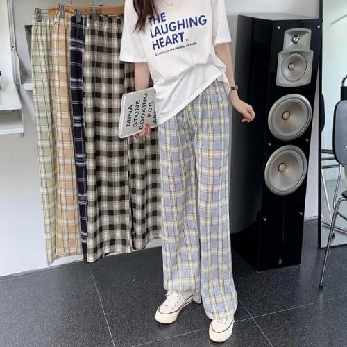 2021 Kawaii Plaid Pants Fashion Girl Harajuku Gothic Thin Female Student Trousers Casual Funny Straight Summer Cute Basic Pants
