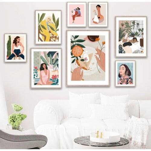 Bohemian Abstract Girl Flower Banana Leaf Wall Art Canvas Painting Nordic Posters And Prints Wall Pictures For Livig Room Decor