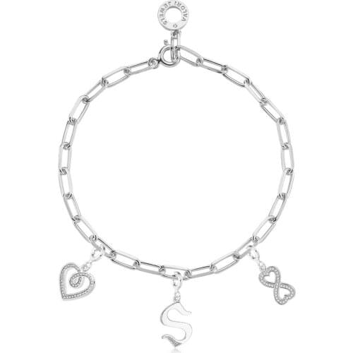 Valori Jewels Letter And Heart And Infinity, Zirconia Gemstone, Rhodium Plated, Sterling Silver Charm Bracelet