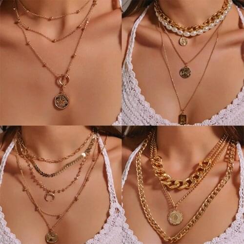 Vintage Multi-layer Coin Chain Choker Necklace For Women Girls Gold Cross Fashion Portrait Chunky Chain Necklaces Jewelry