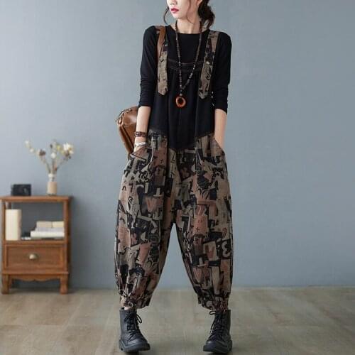 New Arrival Autumn Women Loose Casual Print High Waist Patchwork Jumpsuits Cotton Denim Ankle-length Pants Rompers Jeans W674