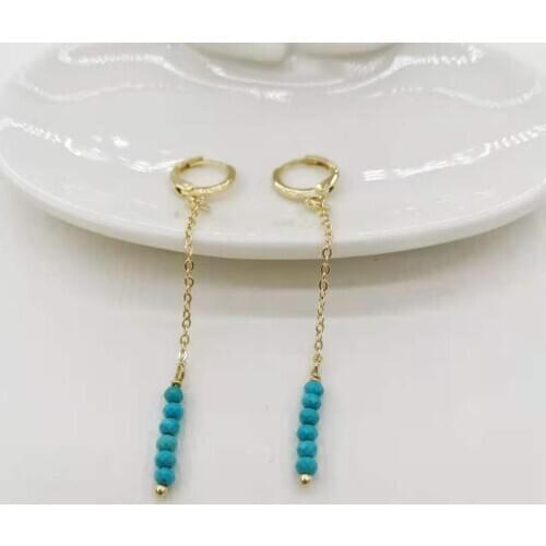 Dainty Turquoise Earrings 14K Gold Filled Chains Delicate Faceted Gemstones Pendants Dangle Hoops Unusual Elegant Women Earrings