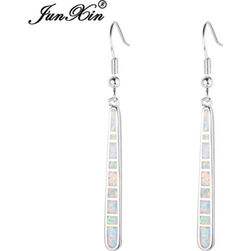 JUNXIN Fashion White Fire Opal Drop Earring Long Earring Silver Color Double Earrings For Women Bague Femme