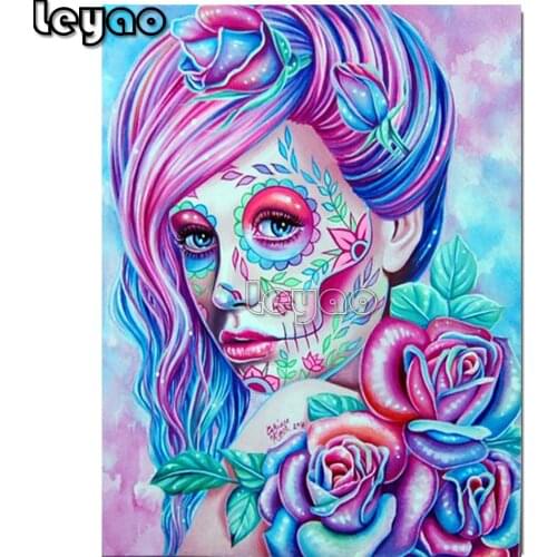 Skull woman 5d diy diamond painting full square round diamond embroidery red rose portrait for 2020 New arrivals gift