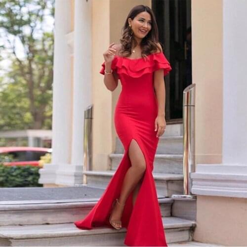 Off The Shoulder Ruffles Red Evening Dresses Mermaid Style Formal Party Dress Front Split Long Evening Gown vestido de noite