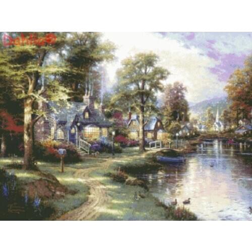 Lakeside Villa Scenic Forest Needlework Arts Crafts Embroidery for DIY Cross Stitch Kits 14CT Unprinted Home Decor Handmade