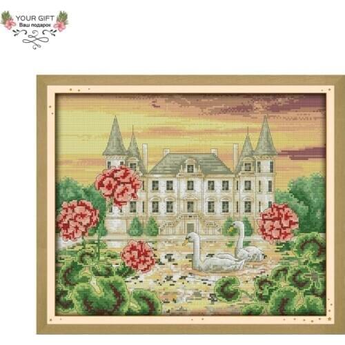 Joy Sunday F709 Free Shipping 14CT 11CT Counted and Stamped Home Decor The Swan Castle Needlepoints Embroidery Cross Stitch Kits