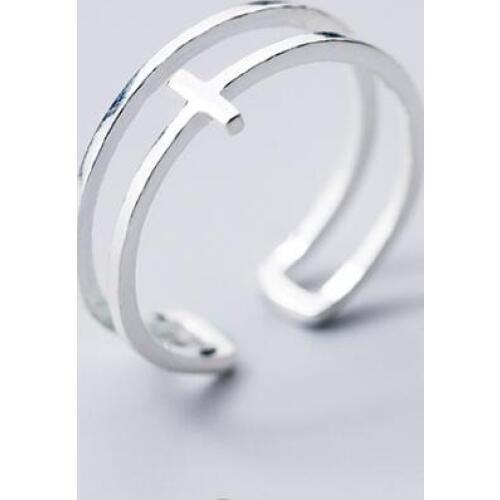 NEW Authentic REAL. 925 Sterling Silver Double rows cross religion geometric Ring adjust GTLJ1560