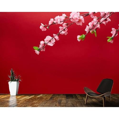 Papel de parede Red background peach blossom Chinese new year wallpaper mural,living room tv wall bedroom wall papers home decor