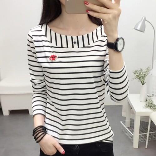 Striped Cotton Tee Shirt Women 2021 Autumn Long Sleeve O-Neck Female T Shirt Slim Casual Basic Classic Lips Top Poleras Mujer