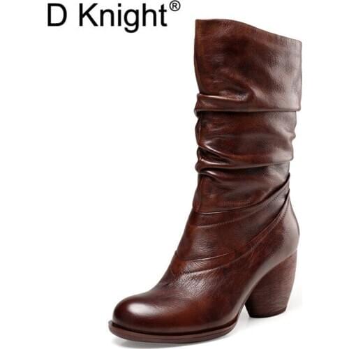 D Knight Chelsea Boots Women Brand New Genuine Leather Round Toe Mid-Calf Boot Autumn Winter Warm Thick High Heel Shoes Handmade