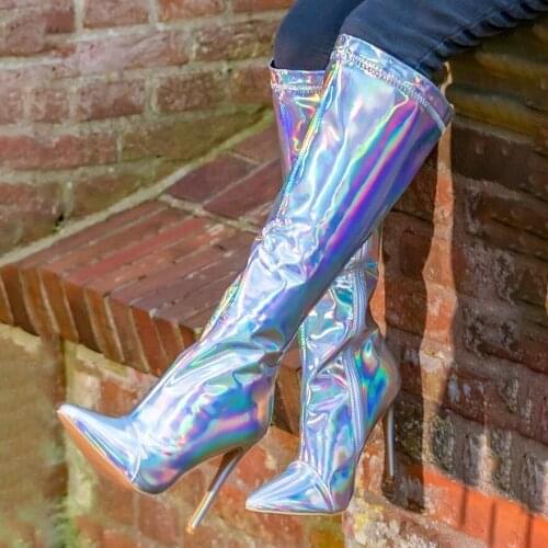 SEIIHEM SUPER Women Knee High Boots Zip Up Heels Pointy Toe Thin High Heels FASHION Ladies Shoes Woman Donne Big Size 38 42 47
