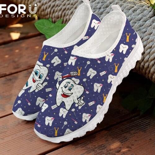 FORUDESIGNS Cute Cartoon Tooth Pattern Mesh Ladies Shoes Teeth Dentist Sketh Women Light Leisure Slip On Flats Womans Footwears