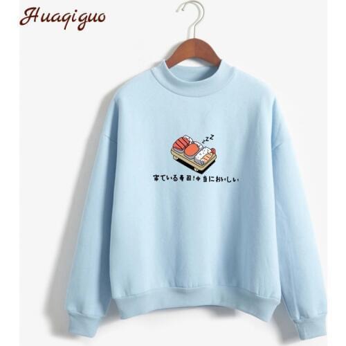 Womens Hoodies Autumn Winter Cartoon Kawaii Sushi Japanese Print Fleece Loose Moletom Harajuku Pullover Tops Hooded Sweatshirts