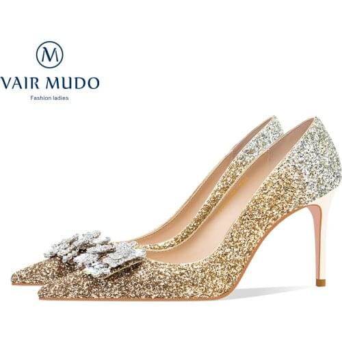 VAIR MUDO Spring Autumn Women Pumps Shoes High Heels Fashion Elegant Pointed Toe Bling Part Women Footwear High Quality Shoe X-1