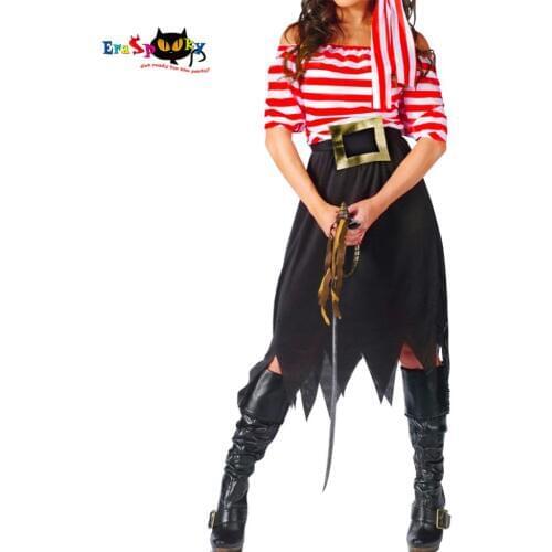 Women Pirate Costume Girl Crew Costume Halloween Costumes Pirate Cosplay Short Sleeve Striped Party Dress Skirts for Lady