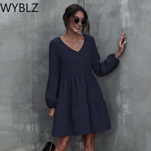 WYBLZ Spring Summer Women Mini Dress Casual V-neck Ruffled Dresses Solid Color Lantern Sleeve Loose A Line Elegant 2021 Vestido