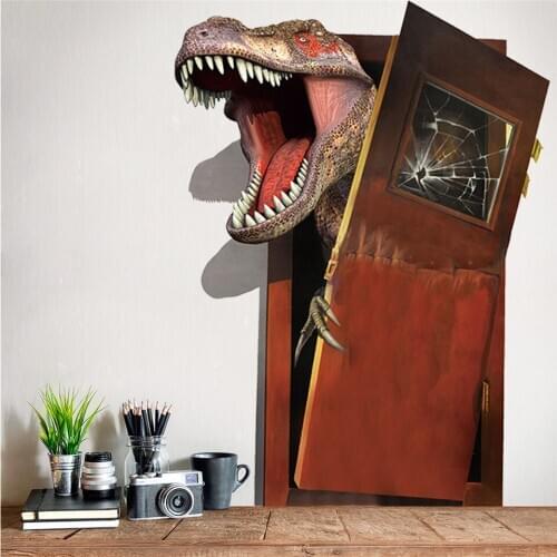 3d Dinosaur Through Door Wall Decor Sticker For Kids Room Bedrom Nursery Vinyl Home Decor Decal Cartoon DIY Bedroom Mural Poster