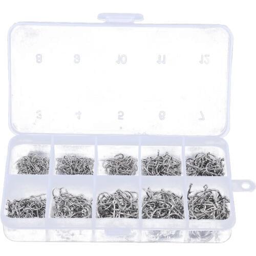 500pcs Fish Jig Hooks with Hole Fishing Tackle Box 10 Sizes Carbon Steel