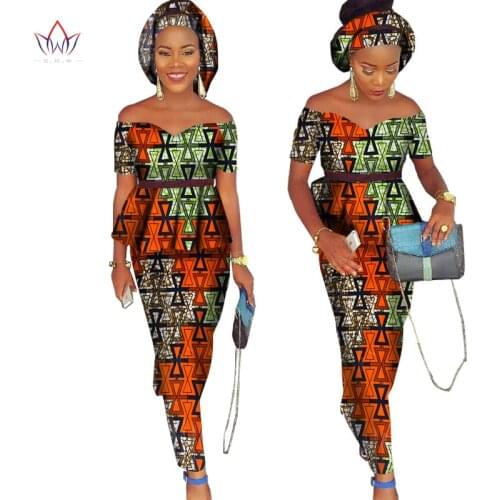 African Bazin Riche Dress for Women 2 Pieces Set Tops & African Print Skirt with Headscarf Bodycon Skirt Plus Size 6XL WY1072