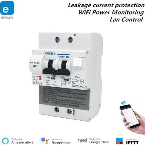 EWelink RCBO 2P WiFi Circuit Breaker Power Monitoring Shortcut Leakage Protection Smart Breaker Alexa Compatible Lan Control